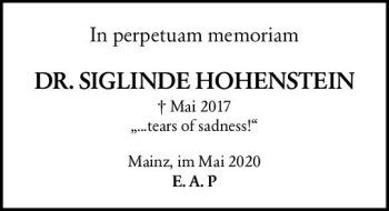 Traueranzeige von Siglinde Hohenstein von vrm-trauer