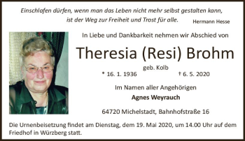 Traueranzeige von Theresia  Brohm von vrm-trauer