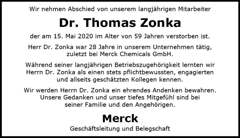  Traueranzeige für Thomas Zonka vom 30.05.2020 aus vrm-trauer
