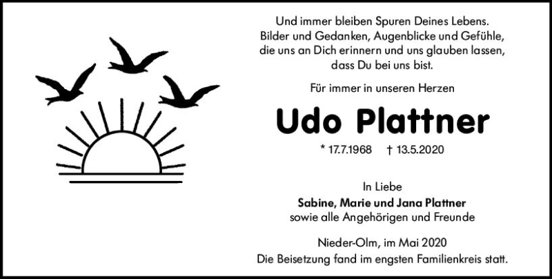  Traueranzeige für Udo Plattner vom 23.05.2020 aus vrm-trauer