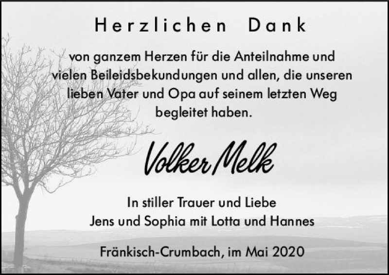  Traueranzeige für Volker Melk vom 16.05.2020 aus vrm-trauer