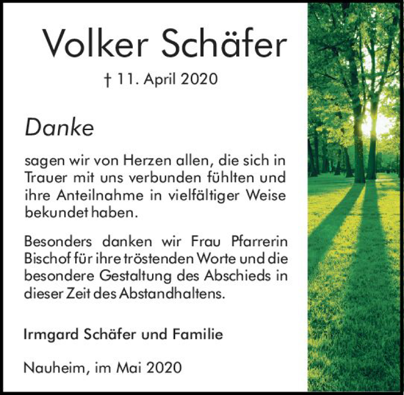  Traueranzeige für Volker Schäfer vom 16.05.2020 aus vrm-trauer