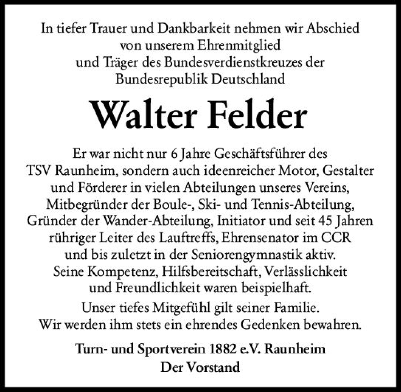  Traueranzeige für Walter Felder vom 16.05.2020 aus vrm-trauer
