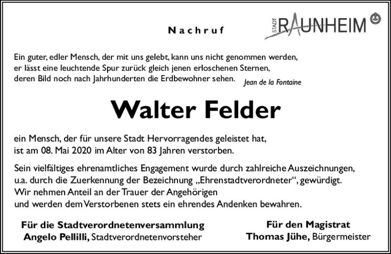  Traueranzeige für Walter Felder vom 16.05.2020 aus vrm-trauer