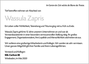 Traueranzeige von Wassula Zapris von vrm-trauer