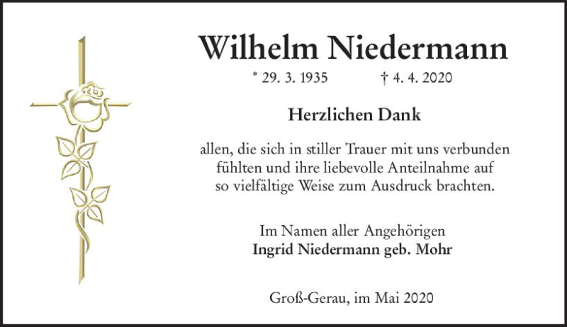  Traueranzeige für Wilhelm Niedermann vom 09.05.2020 aus vrm-trauer