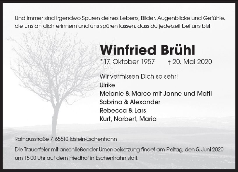  Traueranzeige für Winfried Brühl vom 30.05.2020 aus vrm-trauer