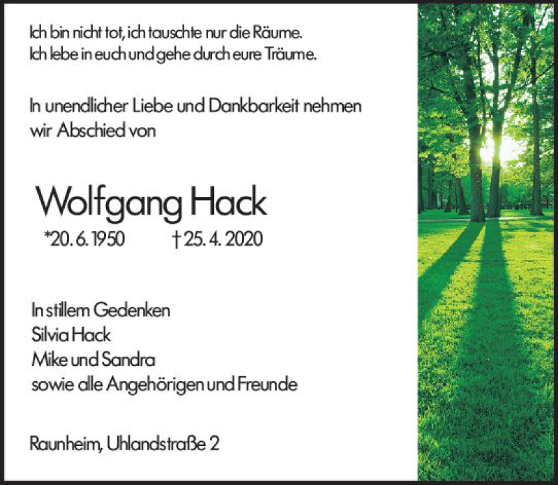  Traueranzeige für Wolfgang Hack vom 02.05.2020 aus vrm-trauer