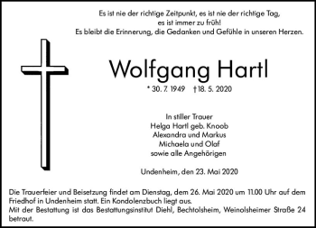 Traueranzeige von Wolfgang Hartl von vrm-trauer