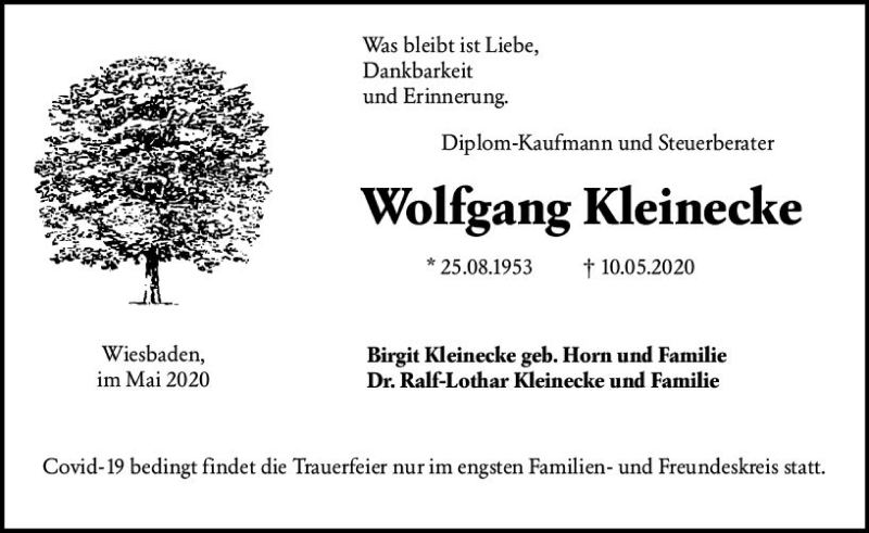  Traueranzeige für Wolfgang Kleinecke vom 20.05.2020 aus vrm-trauer
