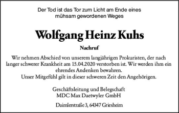 Traueranzeige von Wolfgang Heinz Kuhs von vrm-trauer