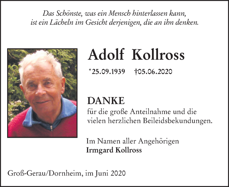  Traueranzeige für Adolf Kollross vom 27.06.2020 aus vrm-trauer