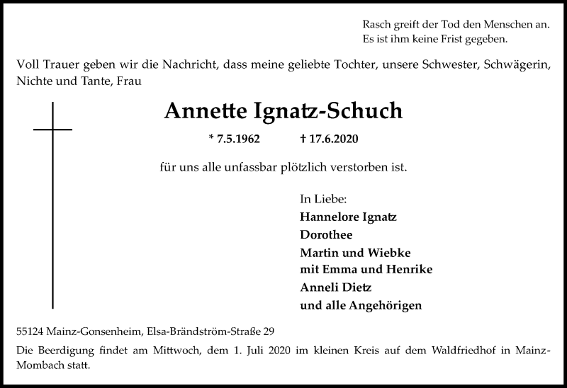  Traueranzeige für Annette Ignatz-Schuch vom 27.06.2020 aus vrm-trauer