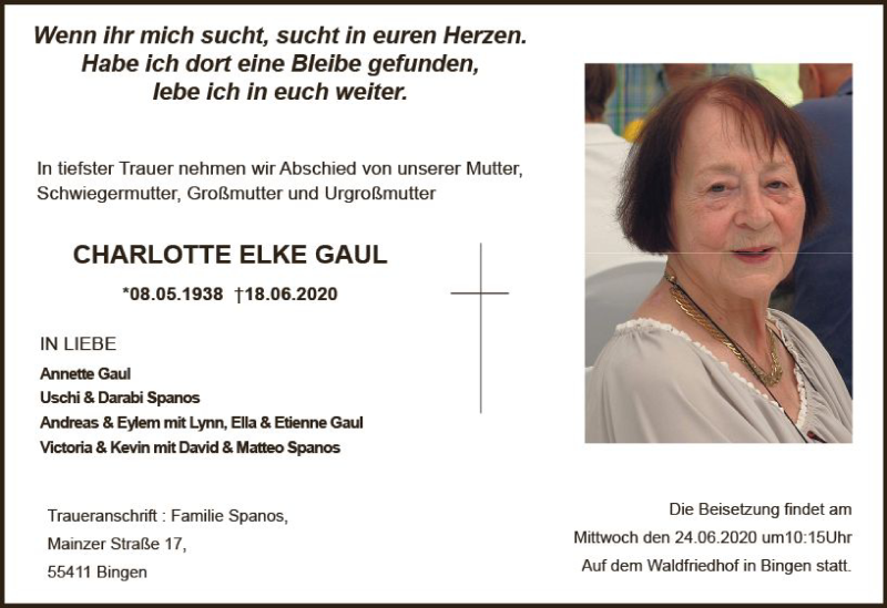  Traueranzeige für Charlotte Elke Gaul vom 23.06.2020 aus vrm-trauer