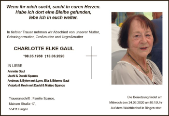 Traueranzeige von Charlotte Elke Gaul von vrm-trauer