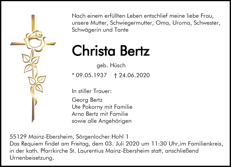  Traueranzeige für Christa Bertz vom 27.06.2020 aus vrm-trauer