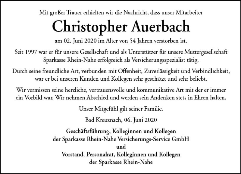  Traueranzeige für Christopher Auerbach vom 06.06.2020 aus vrm-trauer