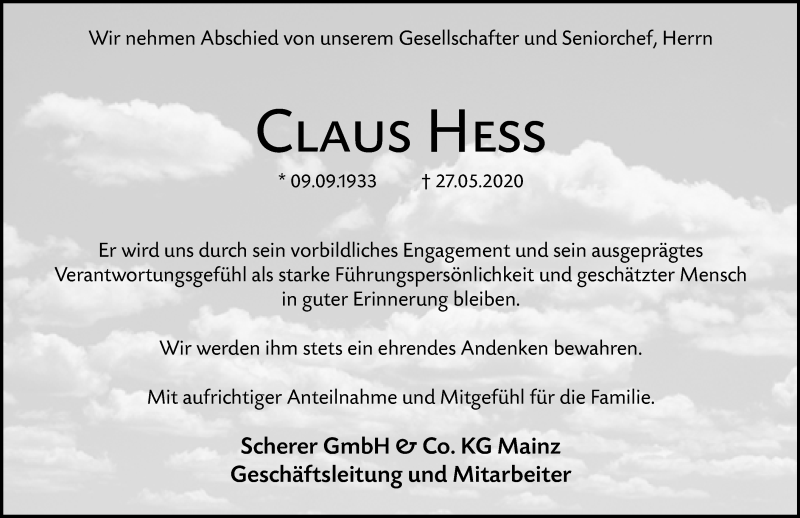  Traueranzeige für Claus Hess vom 27.06.2020 aus vrm-trauer