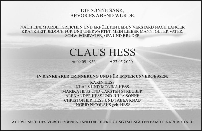 Traueranzeige für Claus Hess vom 06.06.2020 aus vrm-trauer