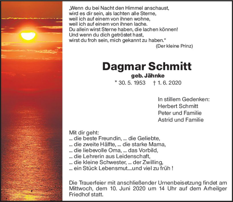  Traueranzeige für Dagmar Schmitt vom 06.06.2020 aus vrm-trauer