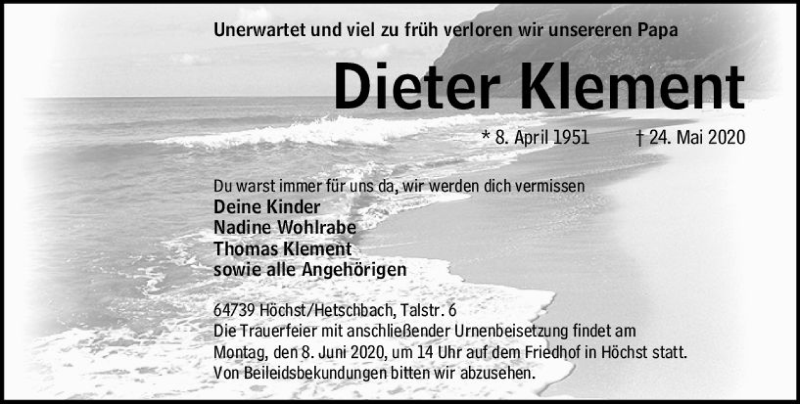  Traueranzeige für Dieter Klement vom 03.06.2020 aus vrm-trauer