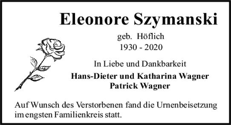  Traueranzeige für Eleonore Szymanski vom 24.06.2020 aus vrm-trauer