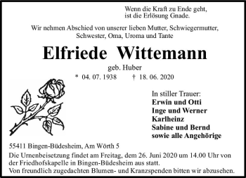 Traueranzeige von Elfriede Wittemann von vrm-trauer