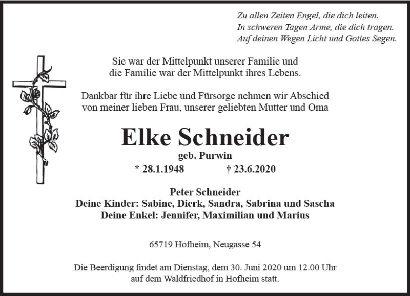  Traueranzeige für Elke Schneider vom 26.06.2020 aus vrm-trauer