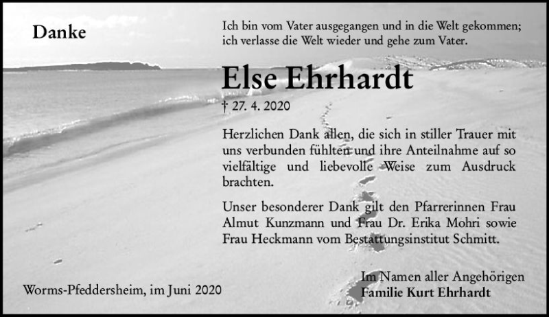  Traueranzeige für Else Ehrhardt vom 06.06.2020 aus vrm-trauer