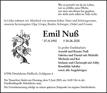 Traueranzeige von Emil Nuß von vrm-trauer