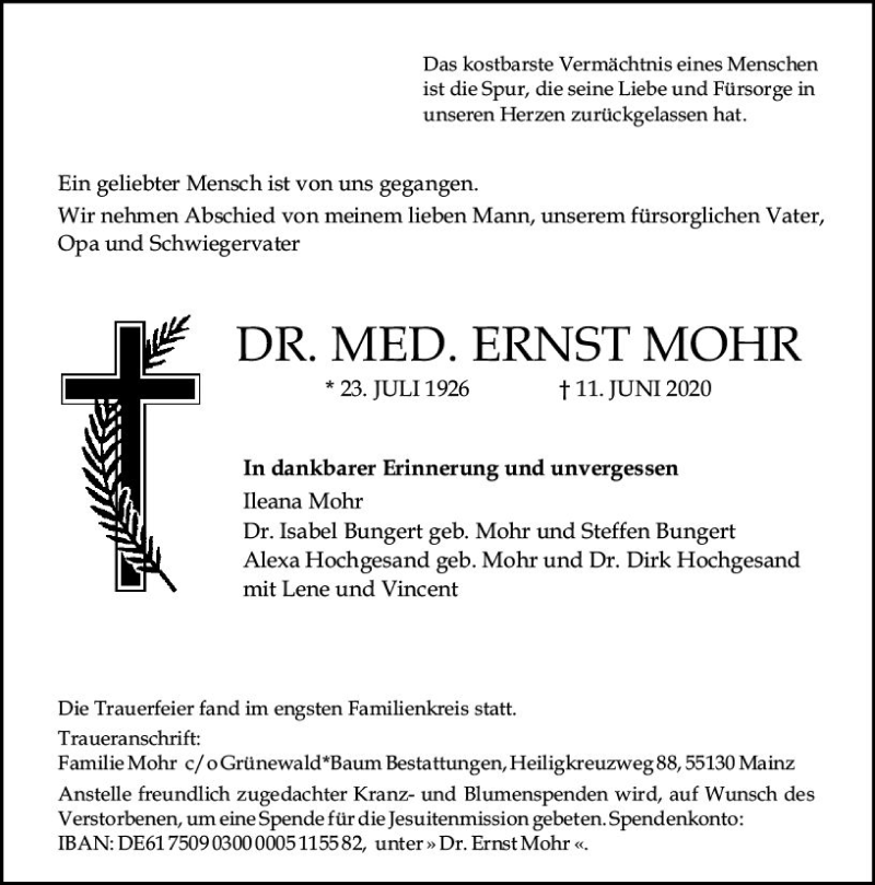  Traueranzeige für Ernst Mohr vom 20.06.2020 aus vrm-trauer