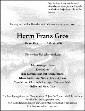 Traueranzeige von Franz Gros von vrm-trauer