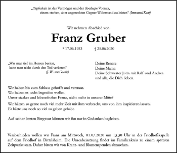 Traueranzeige von Franz Gruber von vrm-trauer