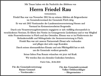 Traueranzeige von Friedel Rau von vrm-trauer