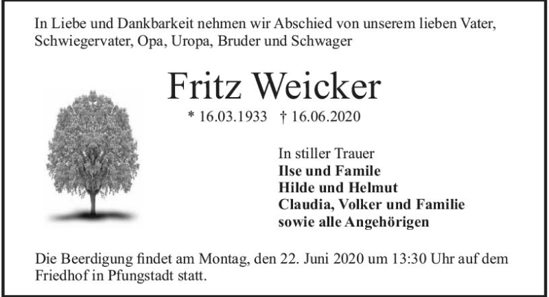  Traueranzeige für Fritz Weicker vom 20.06.2020 aus vrm-trauer
