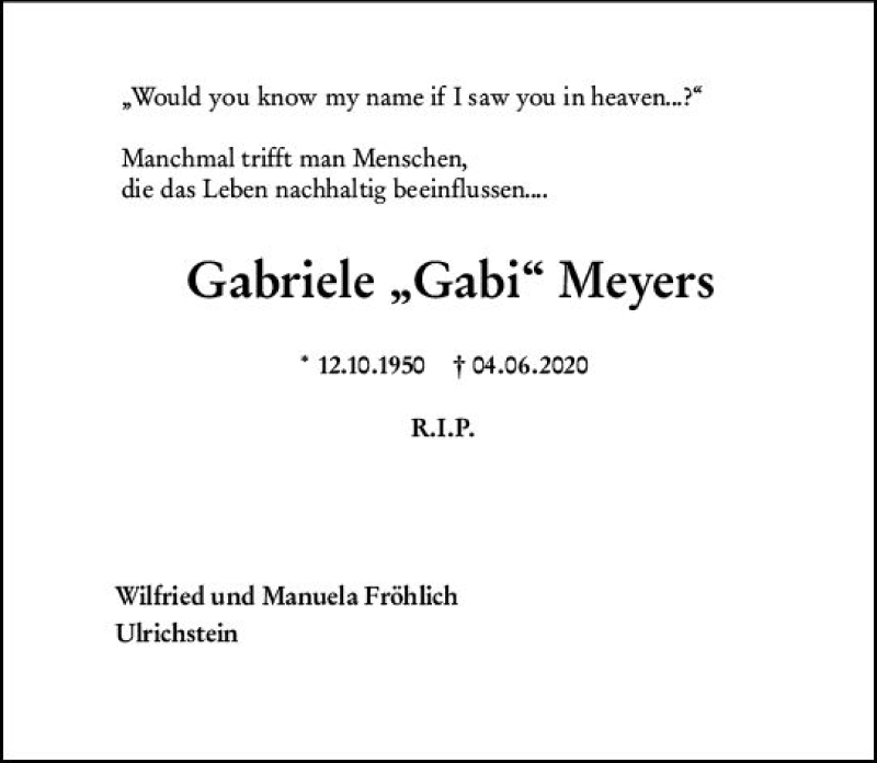  Traueranzeige für Gabriele Maria Meyers vom 13.06.2020 aus vrm-trauer