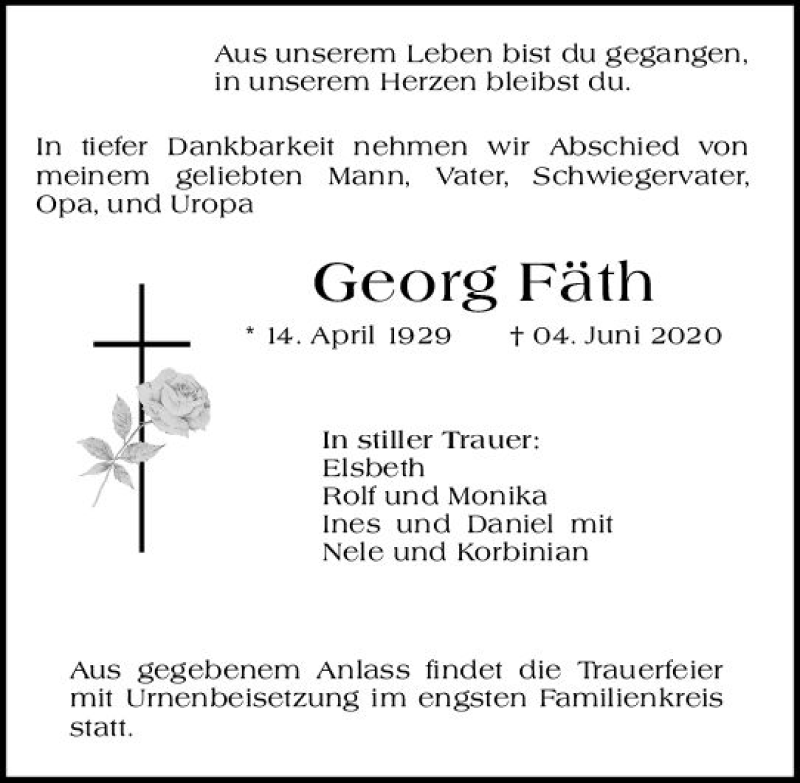  Traueranzeige für Georg Fäth vom 13.06.2020 aus vrm-trauer