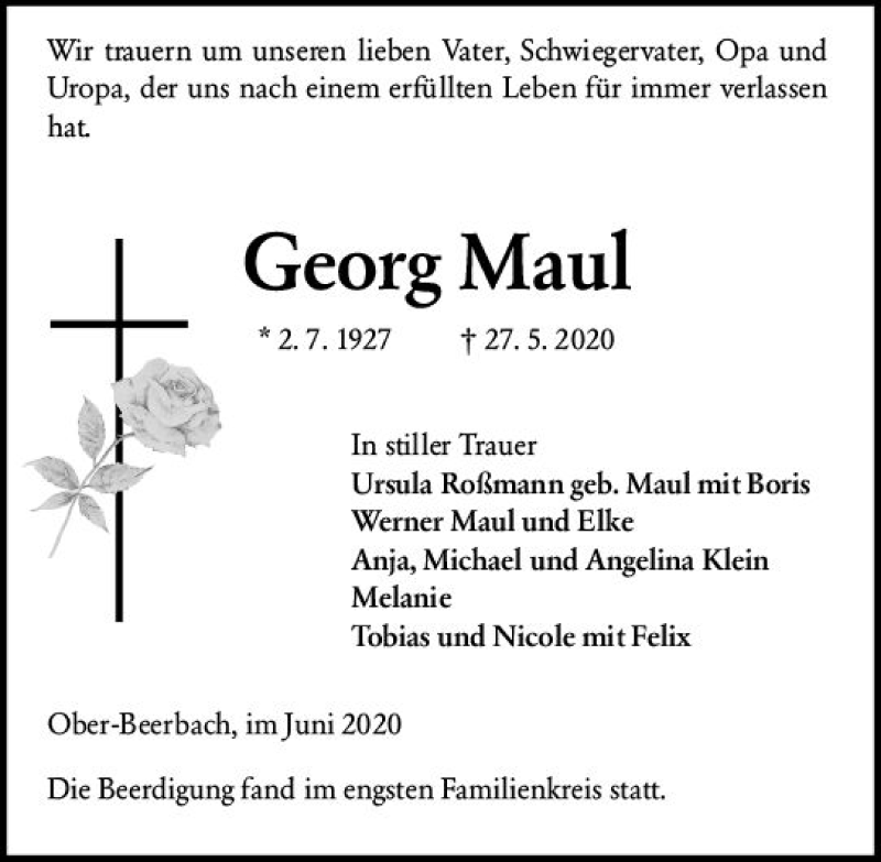  Traueranzeige für Georg Maul vom 13.06.2020 aus vrm-trauer