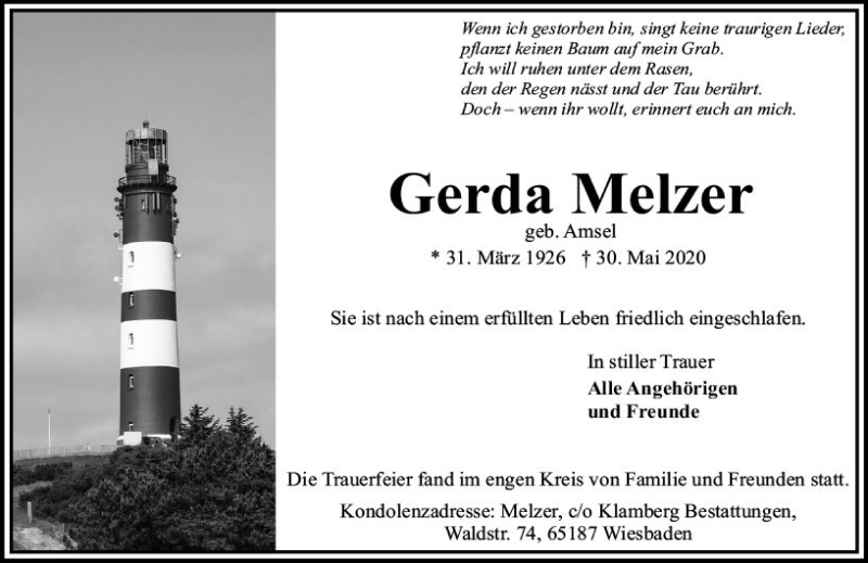  Traueranzeige für Gerda Melzer vom 20.06.2020 aus vrm-trauer