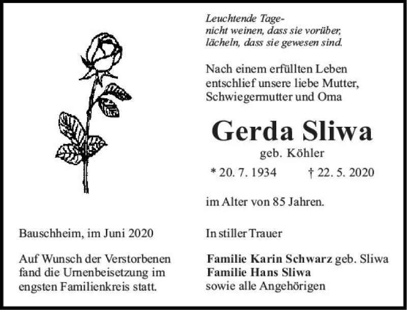  Traueranzeige für Gerda Sliwa vom 06.06.2020 aus vrm-trauer