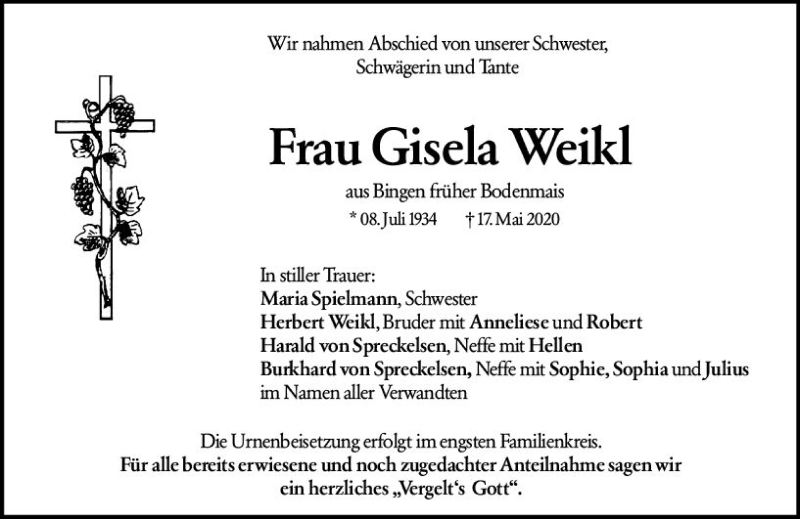  Traueranzeige für Gisela Weikl vom 03.06.2020 aus vrm-trauer
