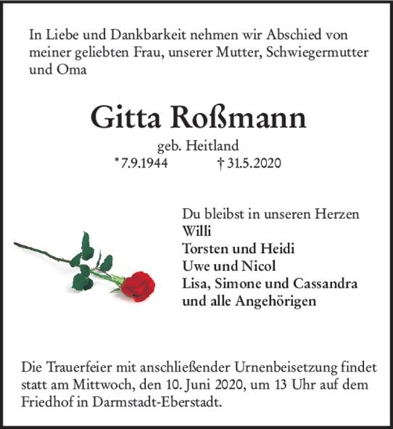  Traueranzeige für Gitta Roßmann vom 06.06.2020 aus vrm-trauer