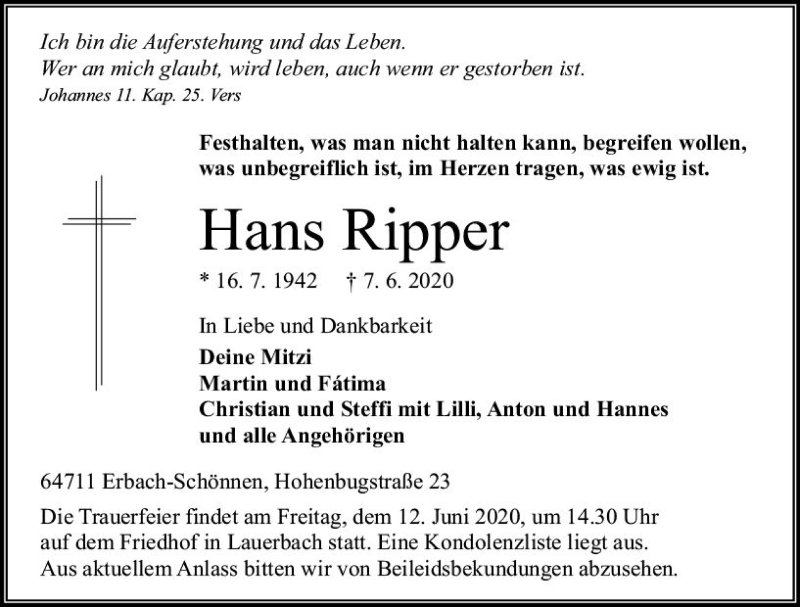  Traueranzeige für Hans Ripper vom 10.06.2020 aus vrm-trauer