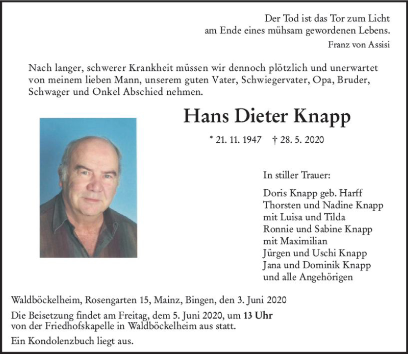  Traueranzeige für Hans Dieter Knapp vom 03.06.2020 aus vrm-trauer