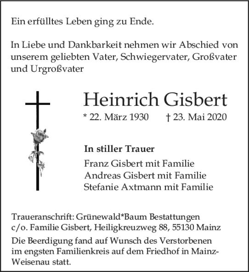  Traueranzeige für Heinrich Gisbert vom 06.06.2020 aus vrm-trauer