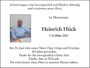 Traueranzeige von Heinrich Hück von vrm-trauer