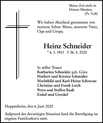 Traueranzeige von Heinz Schneider von vrm-trauer
