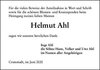 Traueranzeige von Helmut Ahl von vrm-trauer