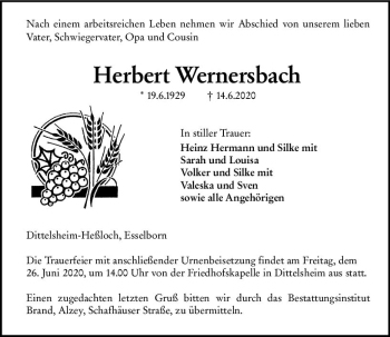 Traueranzeige von Herbert Wernersbach von vrm-trauer