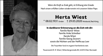 Traueranzeige von Herta Wiest von vrm-trauer
